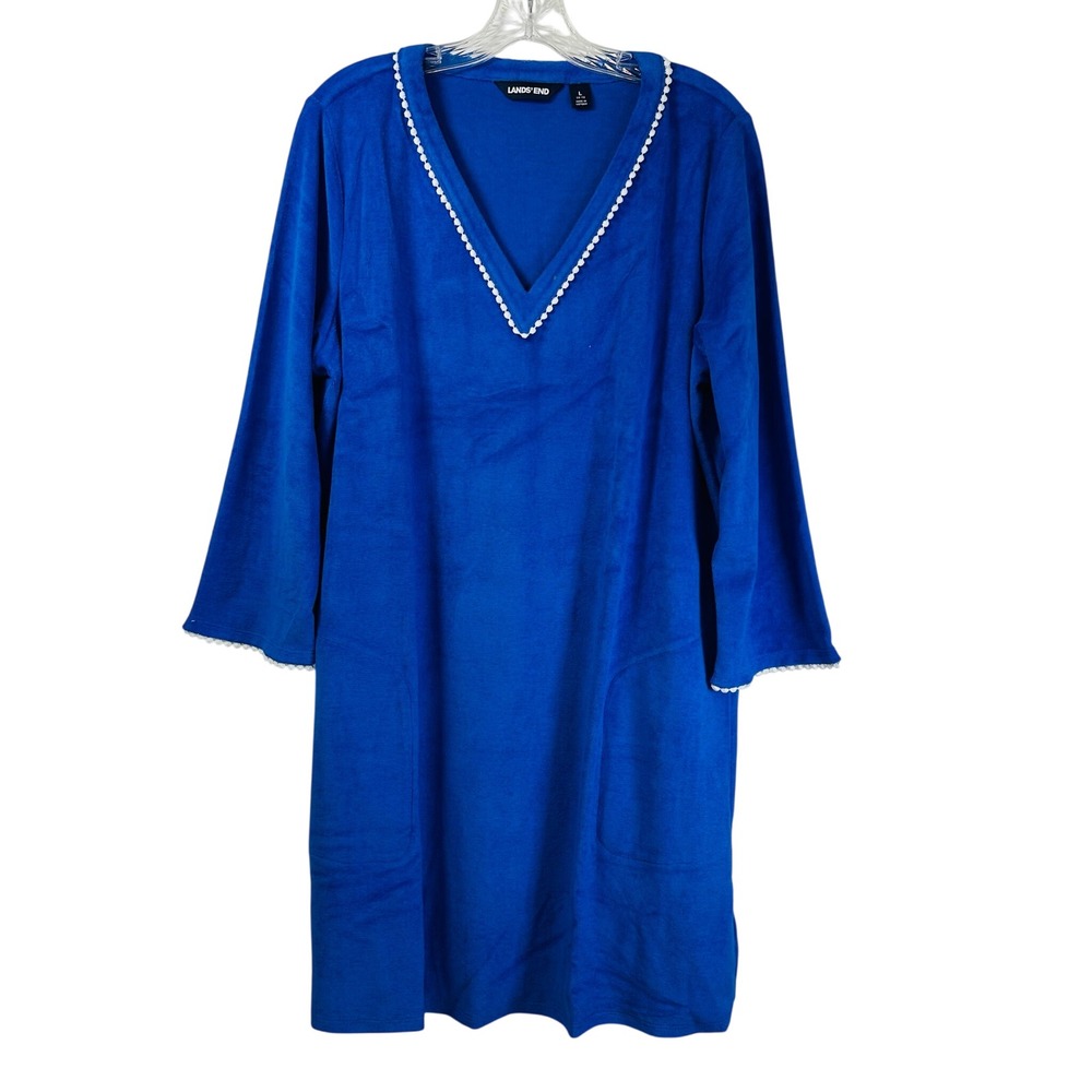 Lands End Royal Blue Terry Cloth Pom Pom Trim V-Neck Swim Cover Up Dress Large
